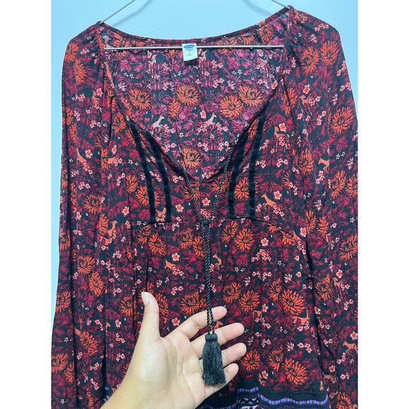 Old Navy Women’s Floral Boho Peasant Blouse M | Long Sleeve Tassel Top - Picture 4 of 14